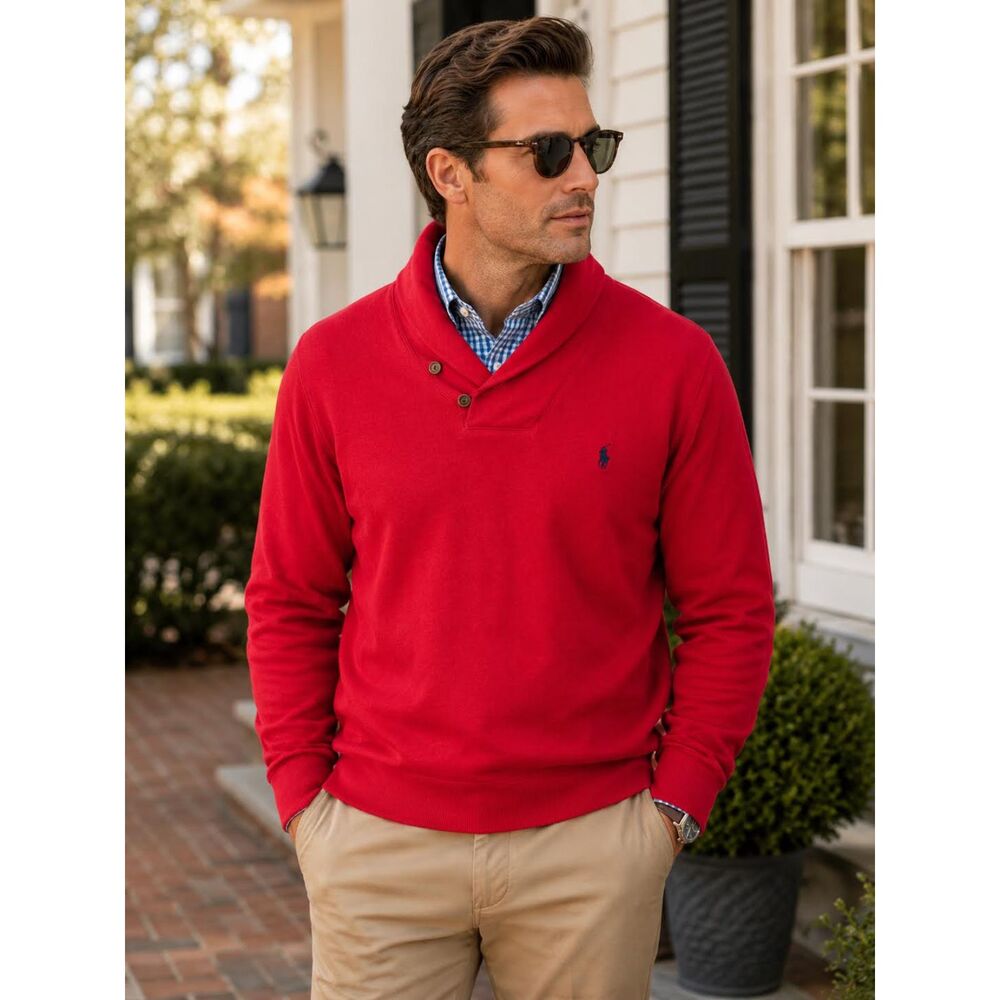 Polo Ralph Lauren Mens Shawl Collar Pullover Sweater Red Cotton Size XXL 2XL